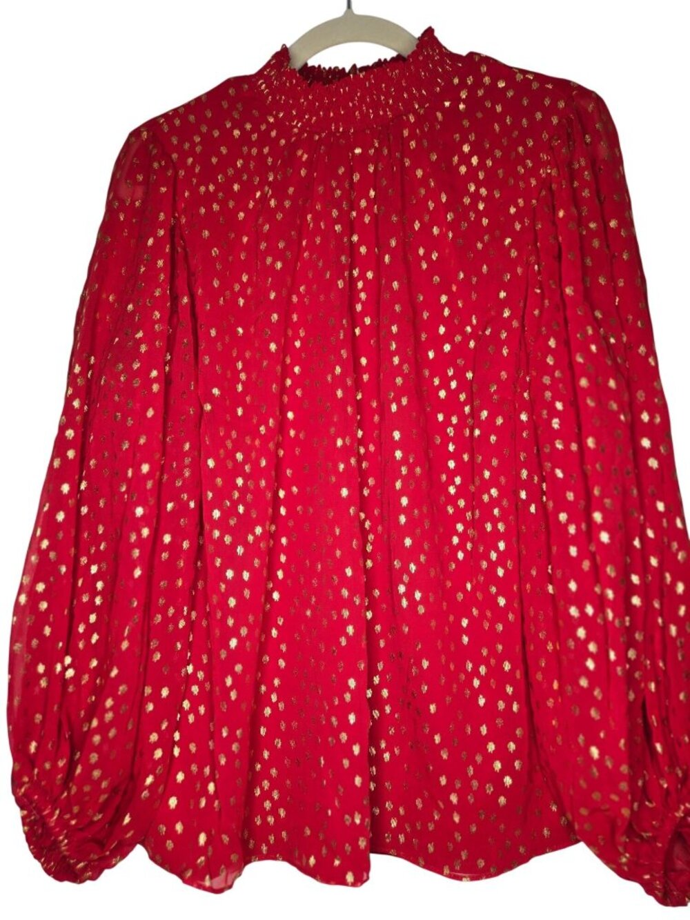 MSK NWT, cherry red and gold dotted blouse, keyhole button closure, cowl, mock
